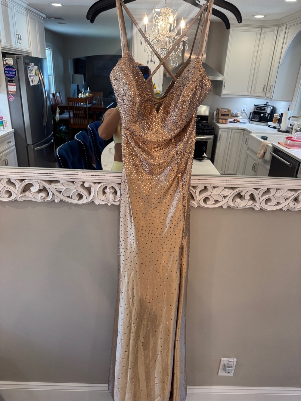 Faviana Gold Sequin Crisscross Strap Prom Gown